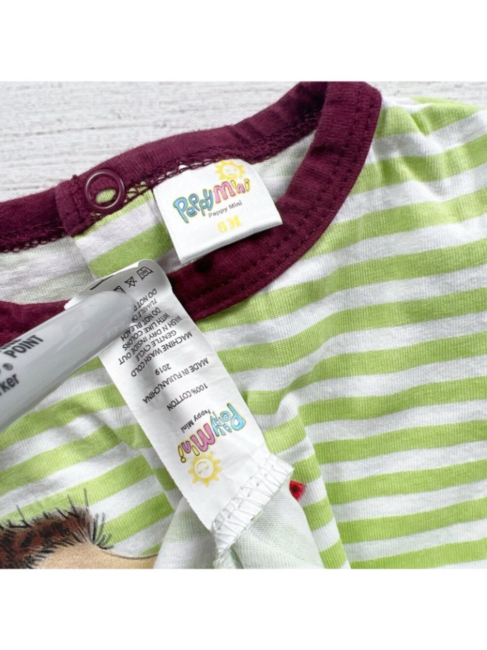 Peppy Mini Baby Romper Green Striped Short Sleeve Hedgehog Print 3-6 Months - Picture 2 of 3